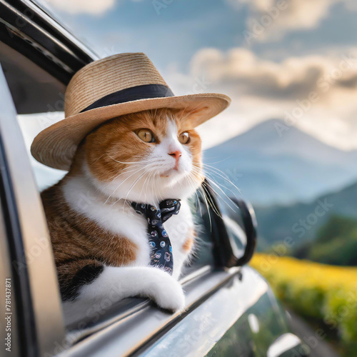車でドライブ中の猫 観光PRする猫