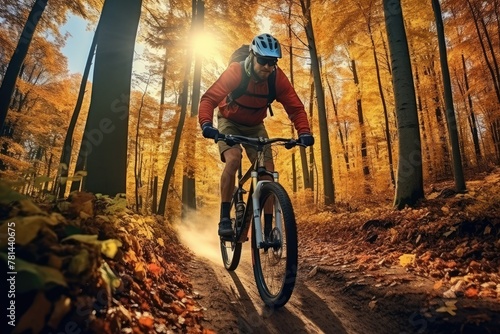 Mountain biker riding on autumn trail