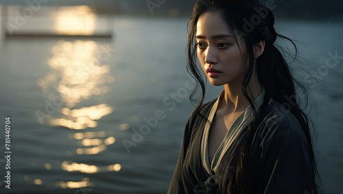 Woman in traditional clothing by the water at dusk