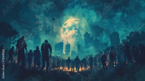 A horde of zombies strolling in the darkness, a spooky Halloween theme portrayed through a detailed painting.