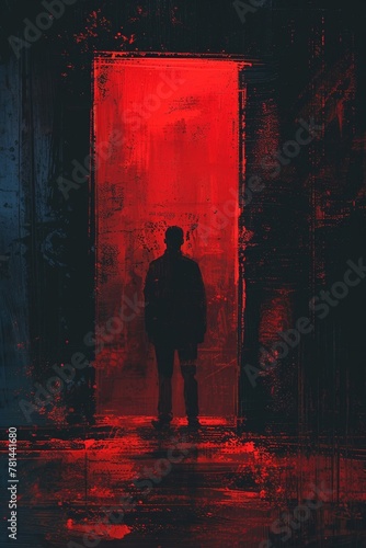 A person standing in front of the entrance with a sinister look, murder theme, artistic depiction.