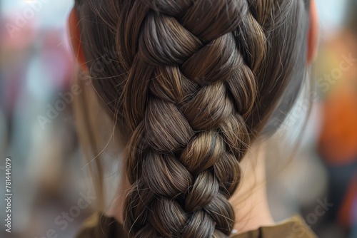 Close-up detailed shot of an elegant and artistic french braid hairstyle on a brunette woman. Showcasing the intricate woven pattern and texture of the braided hair. Reflecting beauty. Femininity