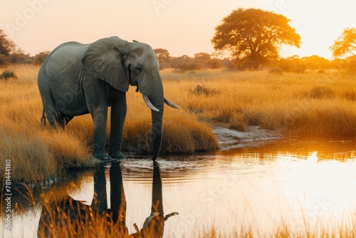 side angle, African elephant standing by waterhole in savanna, reflective water surface, evening, warm golden light, dry season, serene climate, majestic and calm mood