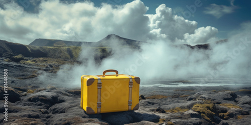 Large yellow travel suitcase on rocks with erupting hot geysers in the background. Tourist luggage on fog and stream of water background.