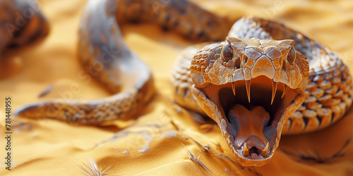 Rattlesnake, open mouth and exposed fangs with venom dripping, lunges at the camera