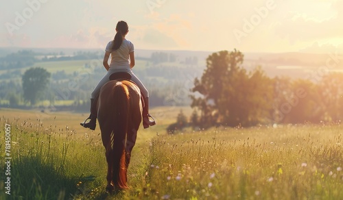 Horseback rider enjoying a tranquil sunset in an open field
