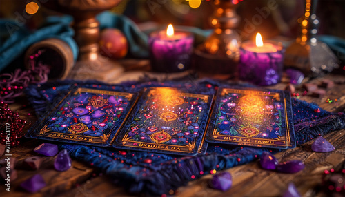 Tarot cards with candle light purple colors. fortuneteller reads fortunes by tarot cards and candles on the background. Astrology occult magic spiritual horoscopes and palm reading