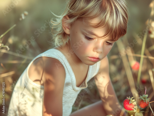 Retro photo of a serious child in a strawberry field. Childhood memories. Little boy picking ripe strawberries in the sunny summer garden. First color photographs, faded colors.