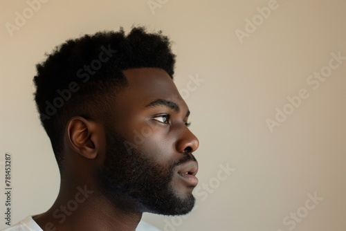 Side view of a young man sporting a modern fade hairstyle with meticulous facial hair against a neutral background