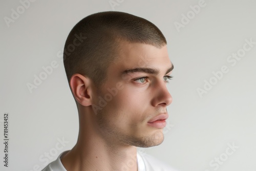 Side profile of a young man showcasing a short buzz cut against a neutral background