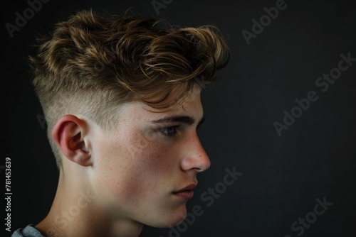 Trendy modern fade haircut for young men with stylish side view, showcasing the fashionable and textured hairstyling at the barber shop for personal grooming and care