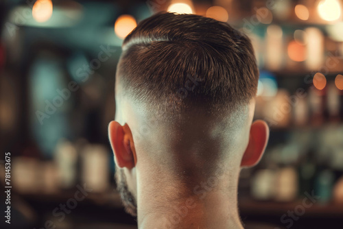 Detailed close-up of a stylish man's fade haircut, showcasing the precision of the cut against an unfocused background