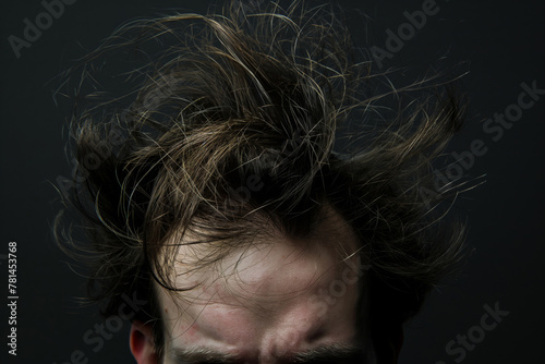 Close-up portrait of a disheveled man with wild, unkempt bedhead hair in the morning, showcasing the chaotic and tousled hairstyle in a dark background, reflecting a casual and natural look