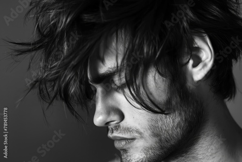 Close-up photo of a young man's disheveled bedhead hairstyle with detailed texture