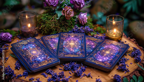 Tarot cards with candle light purple colors. fortuneteller reads fortunes by tarot cards and candles on the background. Astrology occult magic spiritual horoscopes and palm reading