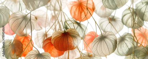 Elegant and delicate Chinese Lantern plant on white background. Beautiful translucent capsules of Physalis flower in autumn. Dreamy natural background.