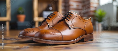 Elegant Leather Shoes on Wooden Floor - Craftsmanship Focus. Concept Leather Shoes, Wooden Floor, Craftsmanship, Elegant, Footwear