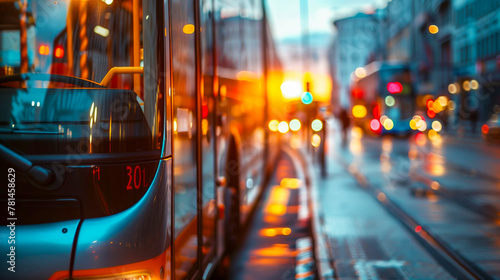 Close up of modern tram in city street, blurry background with buildings and traffic lights, sunset light