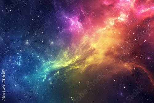 This photo captures a lively and vivid space, brimming with a multitude of stars illuminating the cosmic landscape, A surreal image of space painted with thousand rainbow hues, AI Generated