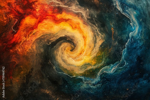 An artistic representation of a spiral shape created through abstract painting techniques, A swirl of colors embodying the scene of star formation, AI Generated
