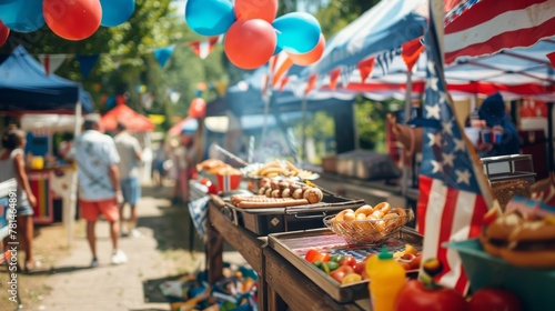 Outdoor food stalls with balloons and American flag decorations