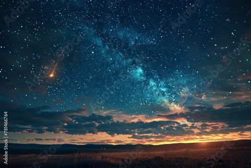 A beautiful night sky with a bright star and a cloudless sky. The sky is filled with stars and the sun is setting