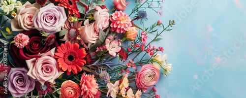 A bunch of fresh blooming flowers placed in box on blue background.