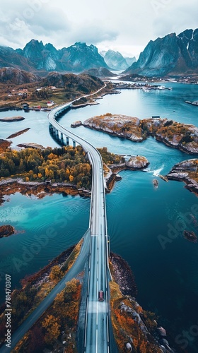 Aerial view of Lofoten bridge with surrounded river