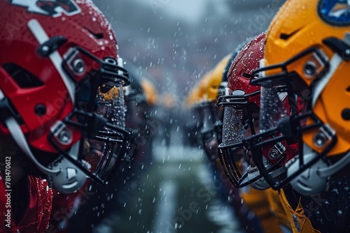 Intense close-up of football players facing off, their helmets covered in raindrops, conveying determination and strength