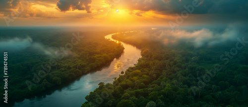 Ariel view of landscape of massive river and rainforest at sunset