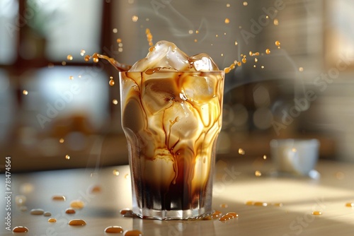 Glass filled with ice and coffee with milk on table, iced coffee