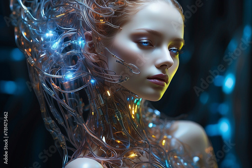 Futuristic AI Android in cinematic lighting, porcelain skin, generative ai, ethereal scary beauty