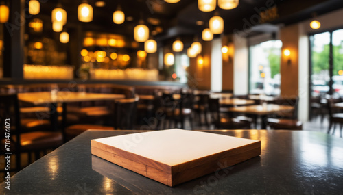 Stylish bistro with wooden tabletop surface; suited for gourmet product placements or menus.