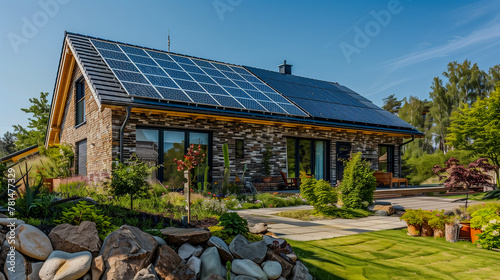 A newly built single-family house with a garden and photovoltaic panels on the roof. Nowo wybudowany dom jednorodzinny z ogrodem i panelami fotowoltaicznymi na dachu