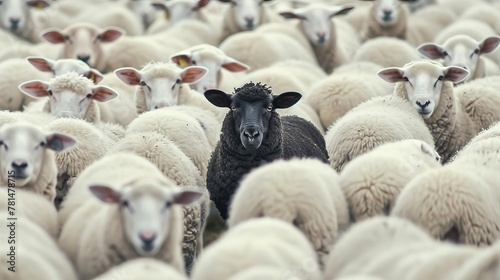 One black sheep in a flock of white sheep