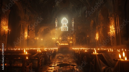 Exorcism ritual in an ancient church, medium shot, dim lighting, suspenseful, historical drama style