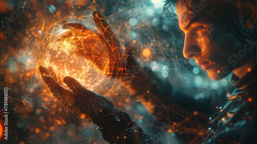 Human Cyber style illustration, a hologramic man engaging with a sphere, detailed in the manner of medical imaging films, inspired by Matt Fractions thematic elements