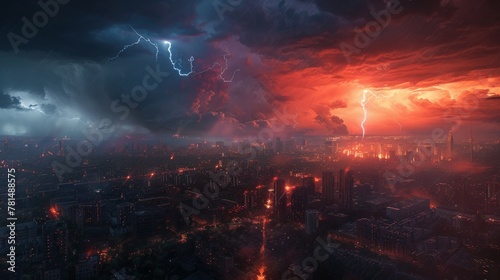 Thunderstorms and lightning over a city, wide angle, dramatic sky, natures fury, cinematic style