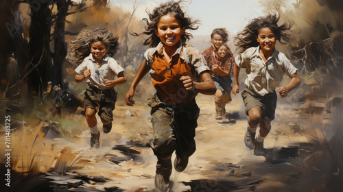 Happy children laugh run look at each other play ball, retro, illustrations, photos, background, print, for printing, Generative AI