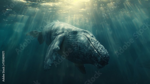 Whale singing under the ocean, close up, serene lighting, documentary style, immersive