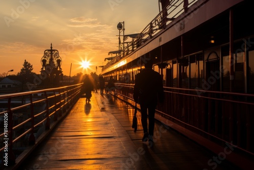 A ship captain standing on the bridge during the golden hour, gazing out over the horizon as the sun sets, casting a captivating silhouette against the sky.