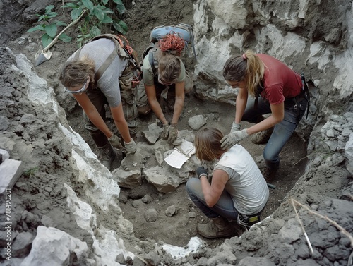 Four women are digging in a dirt hole. One of them is wearing a white shirt. The women are working together to uncover something