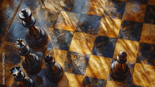 Black chess pieces on gold board, overhead light, top shot, strategic contrast
