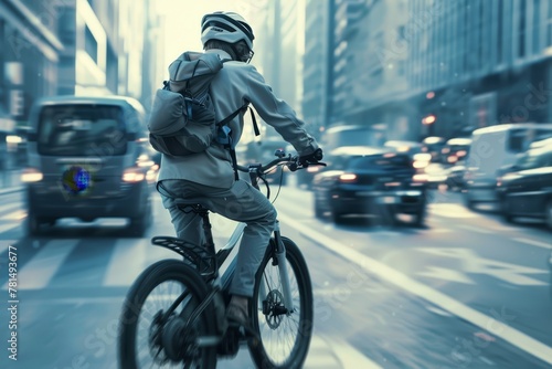 Persona su una bicicletta elettrica, superando senza sforzo il traffico congestionato, sottolineando i vantaggi della mobilità sostenibile per la salute