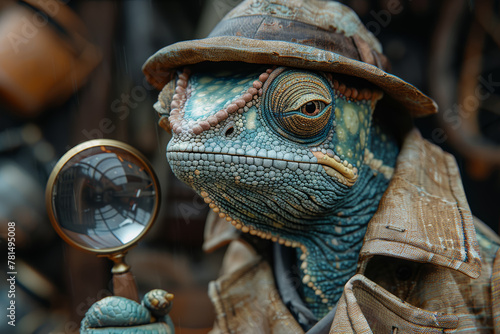 A chameleon disguised as a detective, wearing a trench coat and fedora, sleuthing through the city streets with a magnifying glass in search of clues to solve a mysterious case. Generative Ai.
