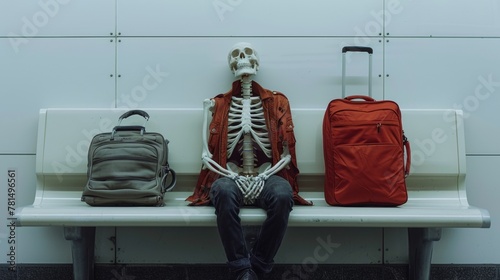 Time waste concept. Death human skeleton model on public transport station. Health care concept design.