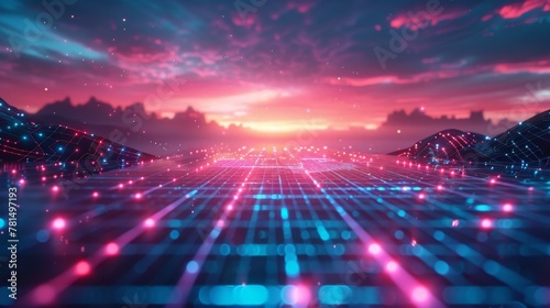 Virtual neon grid landscape, 80s cyber vibe, digital horizon, glowing lines