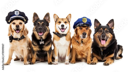 Dogs don police outfits on white background. Adorable law enforcers to melt your heart.
