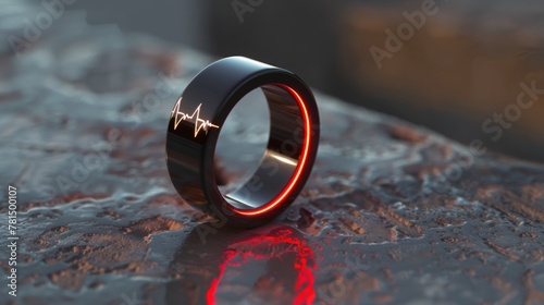 Black Ring With Heartbeat Engraving on Textured Surface at Dusk