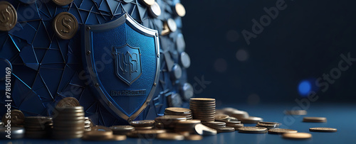 A blue guard shield with a pile of coins, The concept represents deposit insurance or financial security, Geometric background. Wireframe connection structure, abstract banner, Cost Security